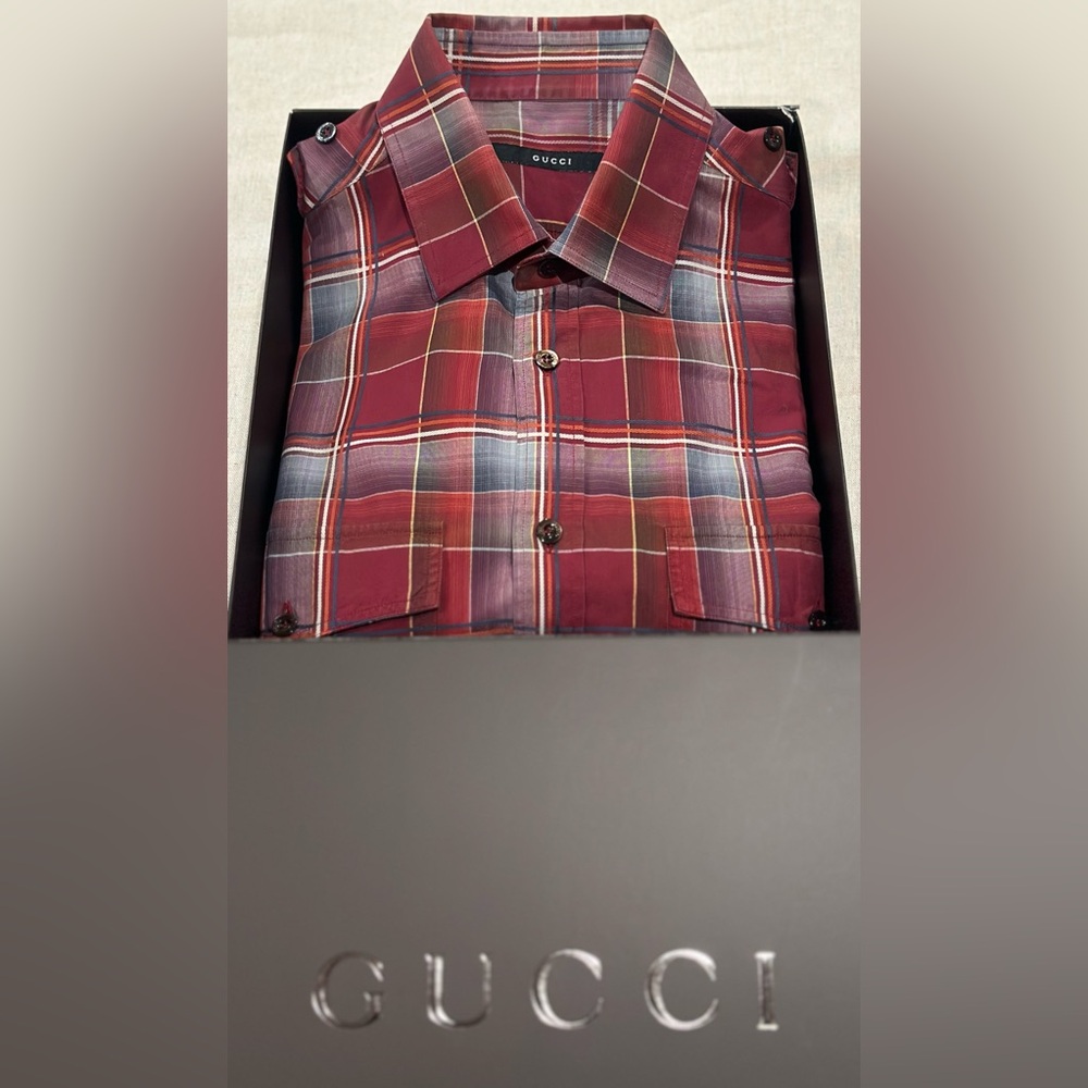 Vintage Gucci red plaid military-style button down shirt.